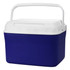 A cooler box with a navy blue body and a white lid, featuring a handle for easy carrying.