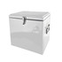 A white metal ice cooler box with a chrome latch and handle, featuring a logo on the side.