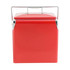A retro red metal ice cooler box with a silver handle, designed for storing food and drinks.
