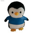 A plush penguin toy with a black and white body, yellow feet, and wearing a blue shirt. It has large, expressive eyes and a cute design.