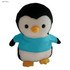 A plush penguin toy with black and white fur, wearing a light blue shirt, and featuring a small beak and round eyes.