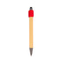 A bamboo stylus pen with a red top and a silver tip, featuring a logo.