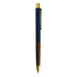 A metal pen featuring a navy blue barrel with a gold clip and a wooden detail. It has a logo on the barrel.