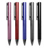 A collection of five metal pens in pink, red, blue, silver, and black, each featuring a textured grip and a logo.
