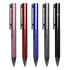 A collection of five metal pens in pink, red, blue, black, and silver, each featuring a textured grip and clip.