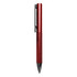 A red metal pen featuring a textured grip and a black clip, with a logo displayed on its side.