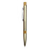 A sleek gold metal pen with a bamboo grip and clip, featuring a branding logo.