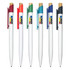 A set of six plastic pens featuring white barrels with coloured accents in red, orange, green, blue, and black, each with a clip and branding.