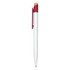 A plastic pen with a white barrel and red accents, featuring a clip and a wooden top. It has a logo on the side.