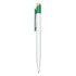 A plastic pen with a white barrel and green accents, featuring a clip and a gold top.