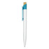 A plastic pen with a white body and a turquoise clip, featuring a gold-coloured tip and a logo.