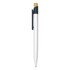 A minimalist plastic pen with a white barrel, black clip, and a wooden top. Contains a logo on the side.