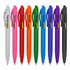 A collection of plastic pens in white, pink, red, orange, blue, purple, and black, each with a branding logo.