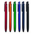 A collection of six stylus pens in red, orange, green, blue, black, and a metallic finish. Each pen features a clip and has a logo.