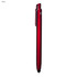 A sleek red stylus pen with a glossy finish and a clip, featuring a logo on the side.