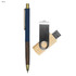 A navy pen with a wooden barrel and a wooden USB flash drive with a silver clip. Both feature branding.