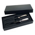 A black metal pen gift set featuring two pens, presented in a sleek black box with a textured finish.