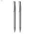 A gift set featuring two grey metallic pens with sleek silver accents and a branding logo.