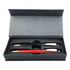 A pen gift set featuring a black and a red plastic pen, presented in a sleek grey box.
