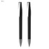 A set of two black plastic pens with silver accents and clips. The pens have a sleek design and feature a logo.