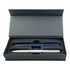 A gift box containing two metal pens, one silver and one blue, in a padded interior.