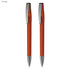 A set of two orange pens with silver accents and clips. Includes branding details.