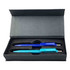 A blue and turquoise pen set displayed inside a sleek black gift box. The box features an inner mould for secure placement.