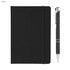 A black A5 notebook with a pen beside it, featuring a sleek design and an elastic closure band.
