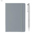 A grey A5 notebook with a matching elastic band and a silver pen beside it. The notebook features a logo on the cover.