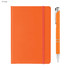 An orange A5 notebook with an elastic band and a matching pen set beside it. The notebook has a logo on the cover.