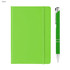 A green A5 notebook with a matching pen. The notebook features an elastic closure and a simple design.