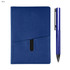 A blue notebook with a textured cover and a matching blue pen. The set includes a pocket for storing notes.
