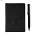 A black notebook with a textured cover and a sleek black pen, featuring a branding logo.