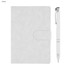 A white notebook with a clasp and a matching white pen, both featuring a logo.