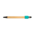 A bamboo pen with a turquoise grip and black tip. It features a logo on the barrel.