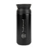 A black double wall coffee cup with a lid, featuring a logo on the side.