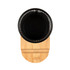 A bamboo pen tidy phone stand featuring a black mesh holder and a rounded bamboo base.