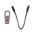 A brown carabiner and a black charging cable with USB-C connectors on both ends.