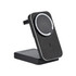 A wireless charger in black with a sleek design, featuring a circular charging pad and a stand.