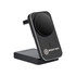 A black and silver wireless charger with a circular charging pad and a branded logo on the front.