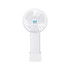 A portable white fan with a round design, featuring a logo on the front and a compact base for stability.