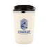 A cream double wall coffee cup with a black lid and a logo featuring mountains and a hand design.