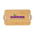 A bamboo lunch box with a dual-compartment design and a logo on the top. It features white clips for fastening.
