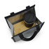 A grey cooler bag with a bamboo base and a black drink bottle inside. The bag has an insulated interior and sturdy handles.