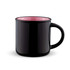 A drink bottle featuring a glossy black exterior and a contrasting pink interior, with a handle and subtle branding.