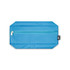 A blue pencil case with a zippered pocket, featuring a tag with a logo.