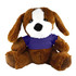 A plush toy dog in brown with floppy ears, wearing a purple shirt and a friendly expression. It has a branded label.