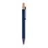 A metal pen with a navy blue body and a gold top, featuring a clip for attachment. It has a branding logo.