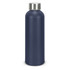 A drink bottle made of recycled aluminium in a deep navy blue hue with a silver screw-top lid and a logo.