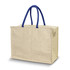 A beige cooler bag with blue handles featuring a zippered compartment and sturdy construction.